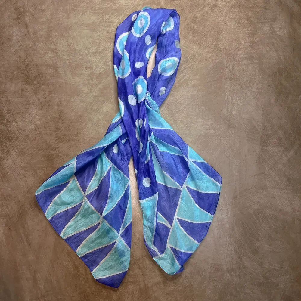 Geometric Satin Scarf Blue Rectangle Polka Dot Circle Triangle Boho Festival Mod